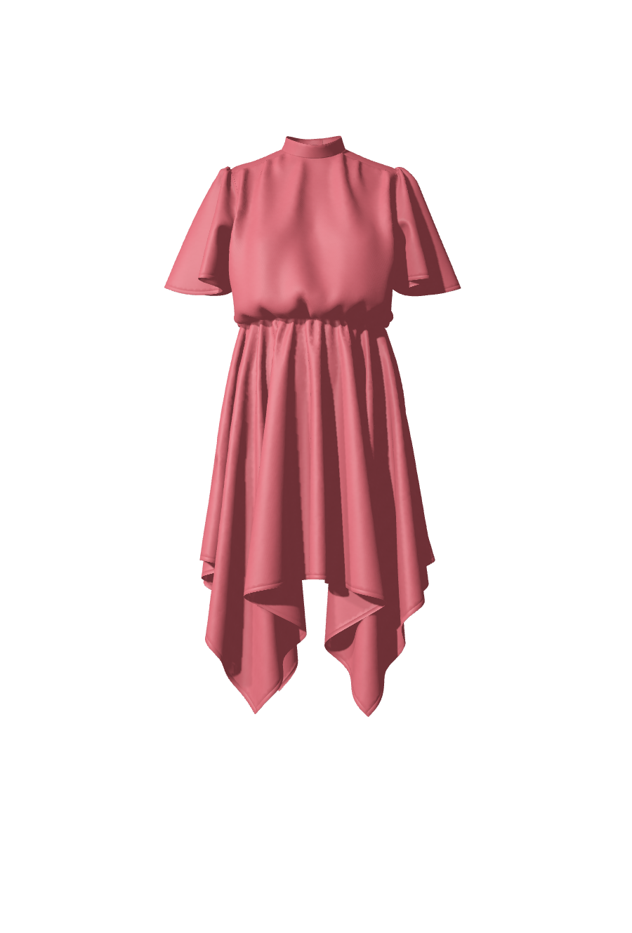 Version robe courte asymétrique avec des manches courtes et un col montant de Robertha, conçue en satin rose framboise
