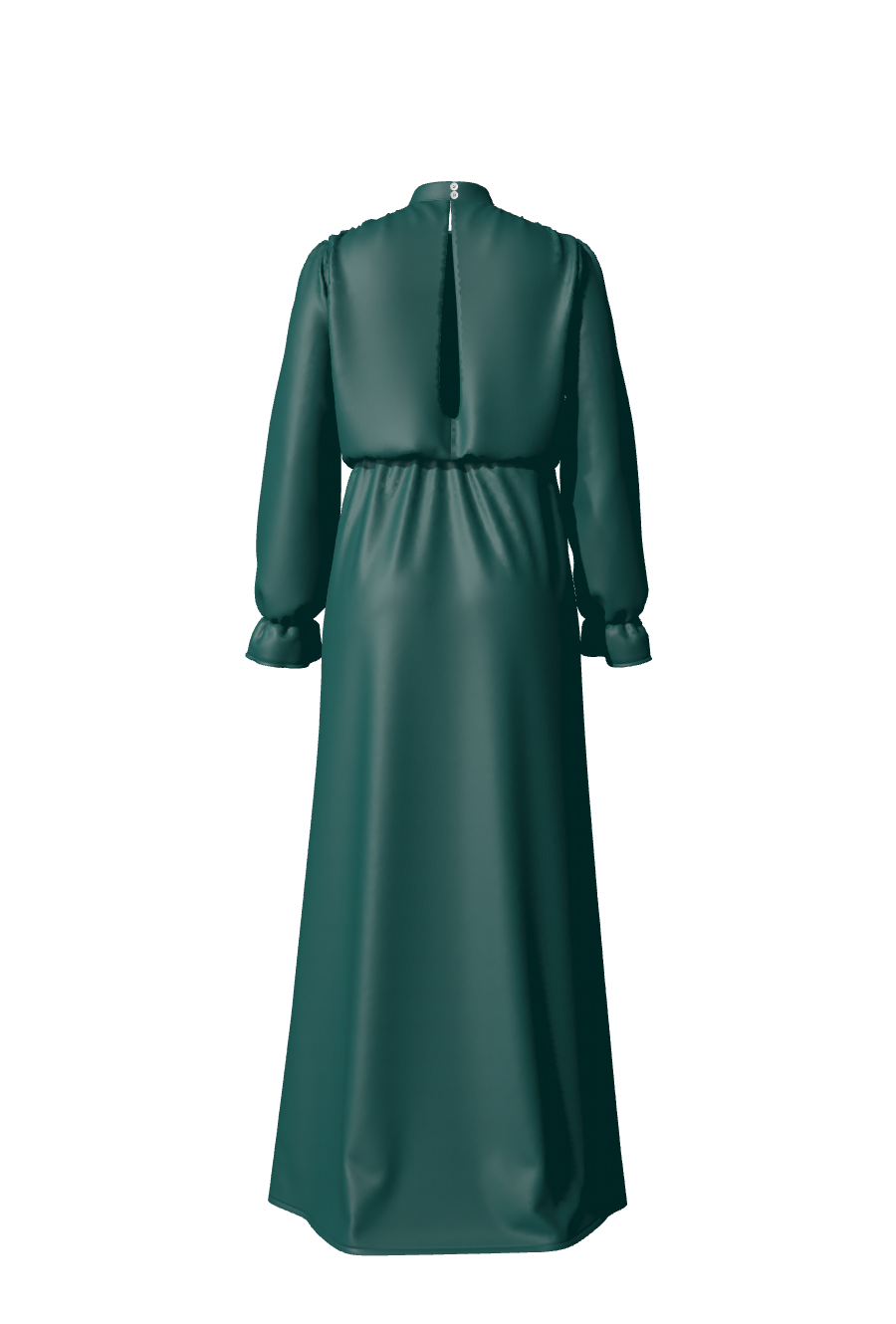 Robe longue à manches longues en satin vert avec ceinture élastiquée, collection Roertha