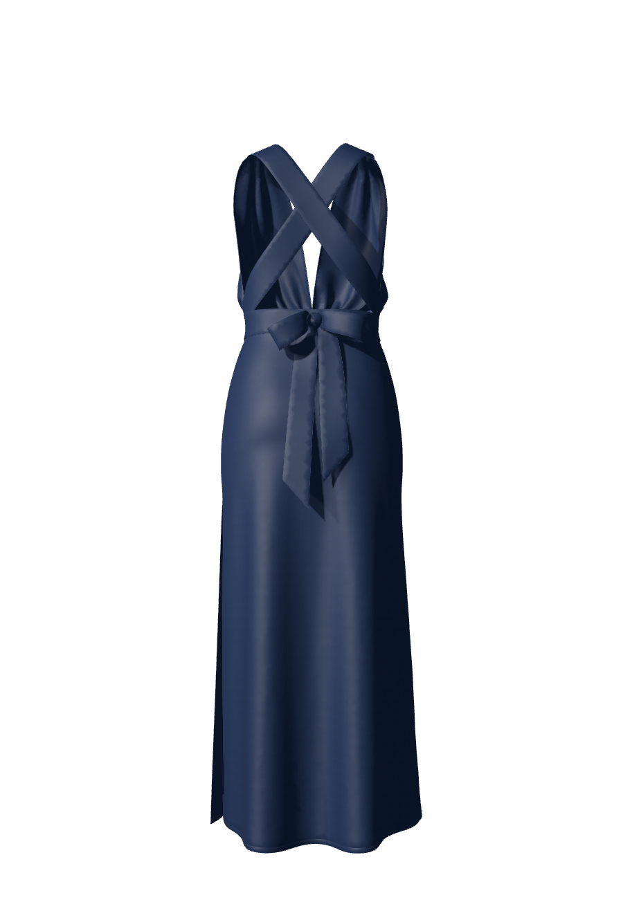 Robe de soirée & demoiselle d'honneur longue en satin bleu nuit avec fente vue de dos