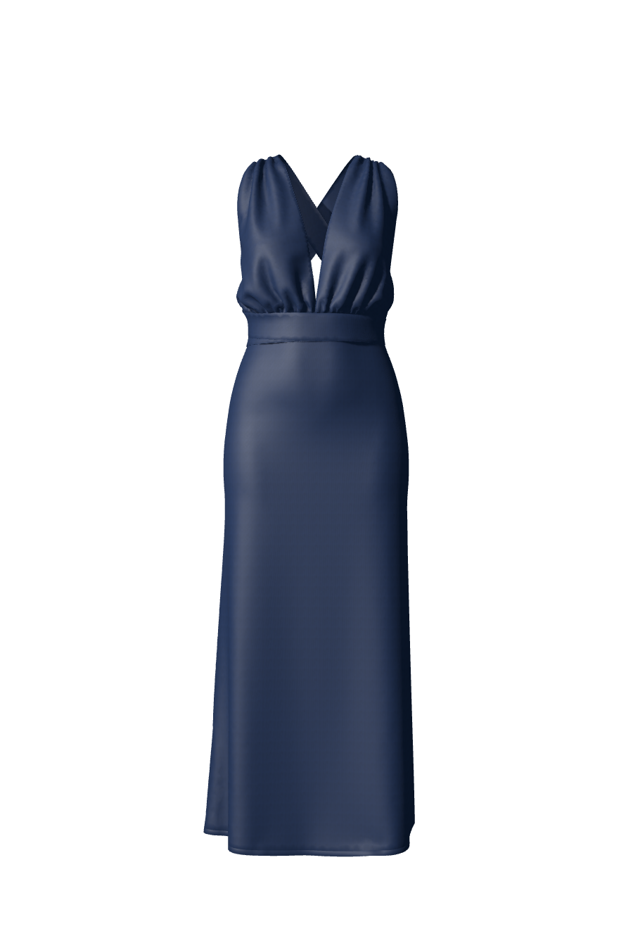 Robe de soirée & demoiselle d'honneur longue en satin bleu nuit avec fente vue de face