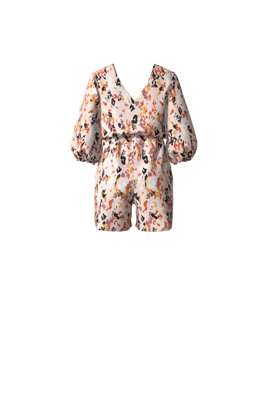 Combishort de soirée ou invitée mariage imprimé camouflage rose avec des manches mi-longues et une taille soulignée par une ceinture élastiquée, collection Theodora