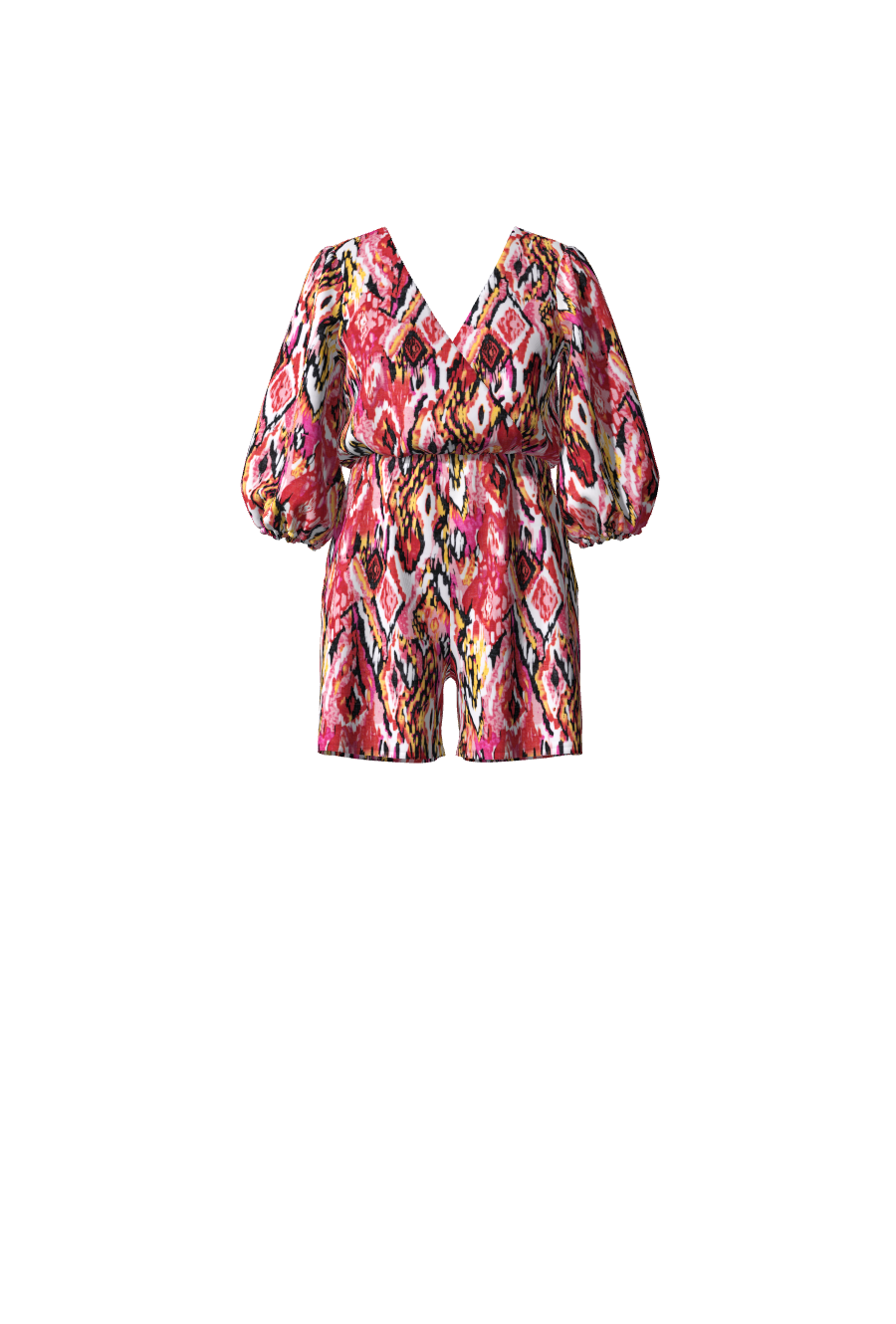 Combishort pour femme avec des manches mi-longues imprimé rouge géométrique et ceinture élastiquée, collection Theodora