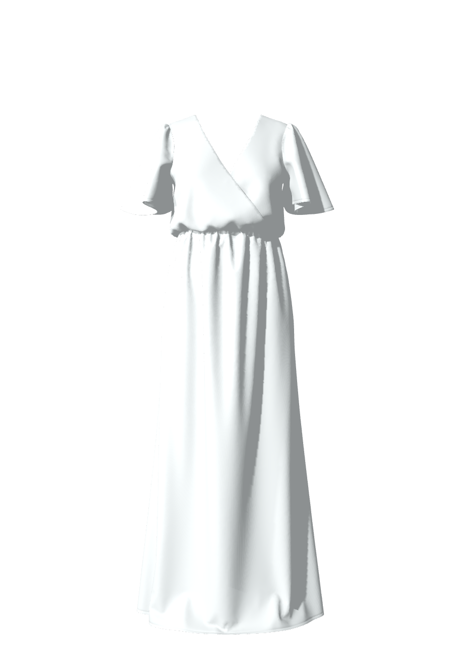 Robe de mariée ou de gala longue en satin blanc avec des manches courtes et une taille marquée grâce à une ceinture élastiquée