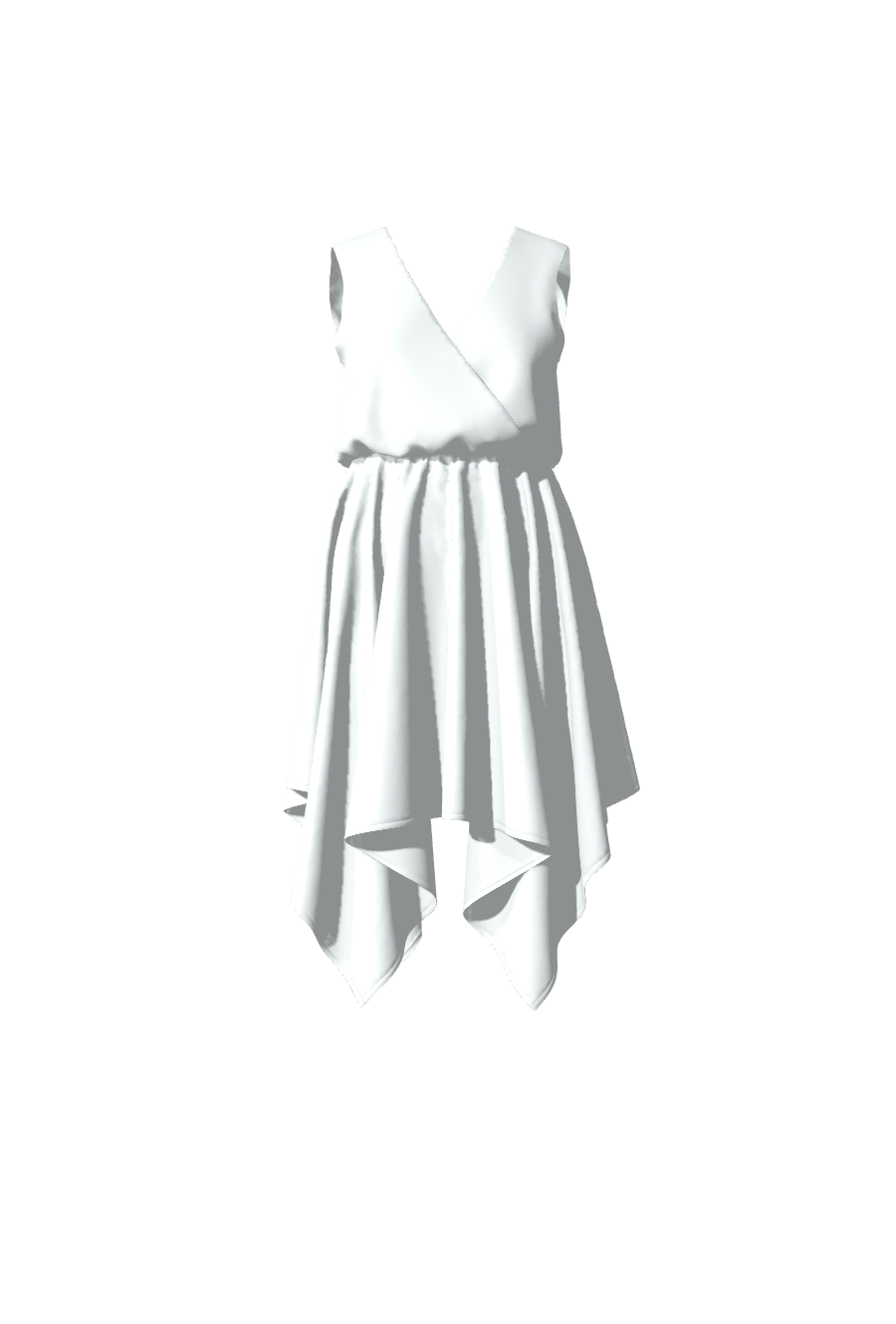 Robe de soirée ou de mariée courte, sans manches, avec un bas asymétrique et une ceinture élastiquée