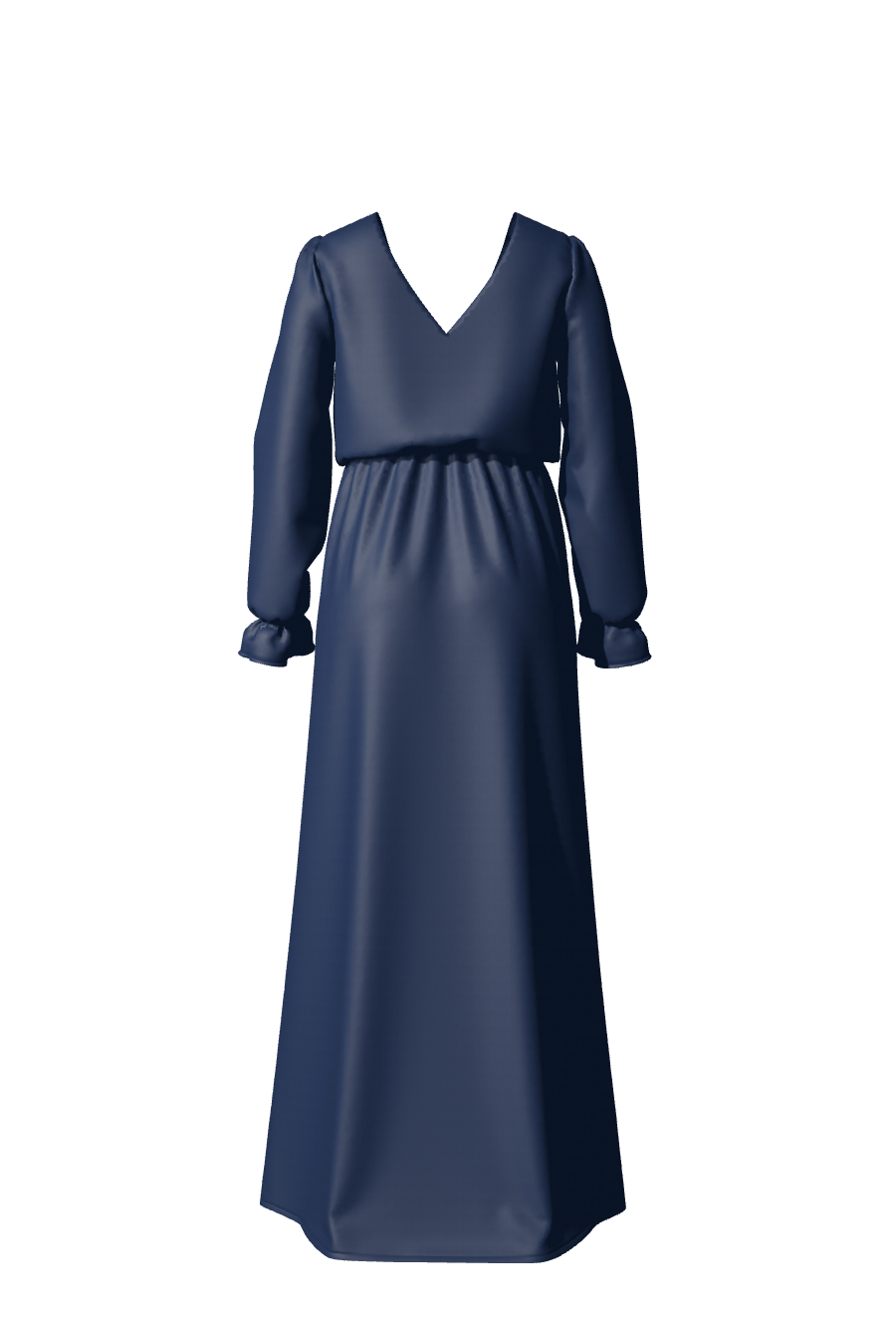 Robe de soirée et gala longue bleu nuit en satin avec des manches longues de la collection de robes sur-mesure Theodora