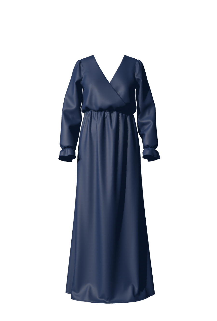 Élégante robe longue et fluide, idéale en tenue de soirée, gala ou demoiselle d'honneur, conçue en satin bleu nuit, avec des manches longues, un décolleté drapé et une ceinture élastiquée, de la collection de robes sur-mesure Theodora