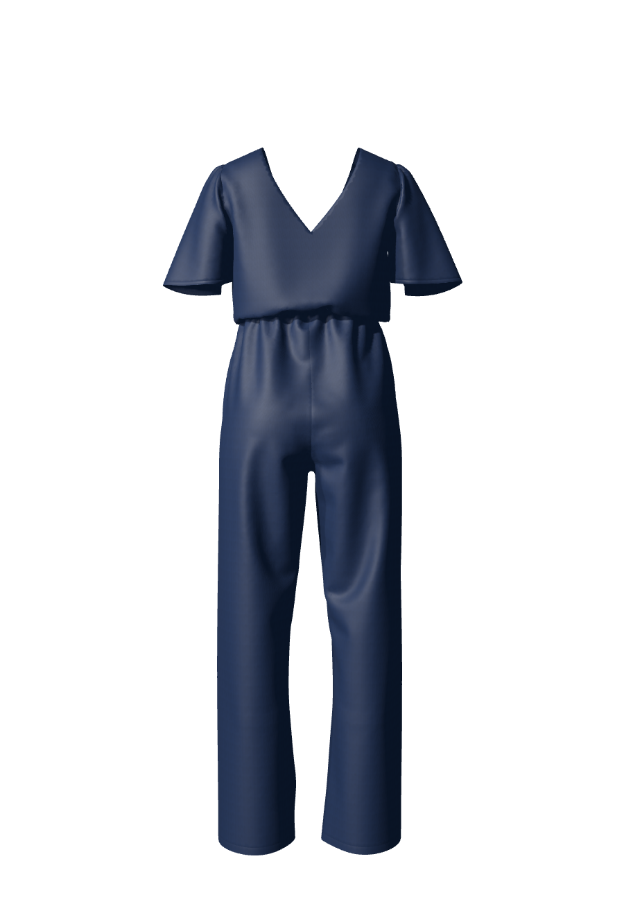 Combinaison longue en satin bleu nuit avec ceinture élastiquée et des manches courtes de la collection Theodora