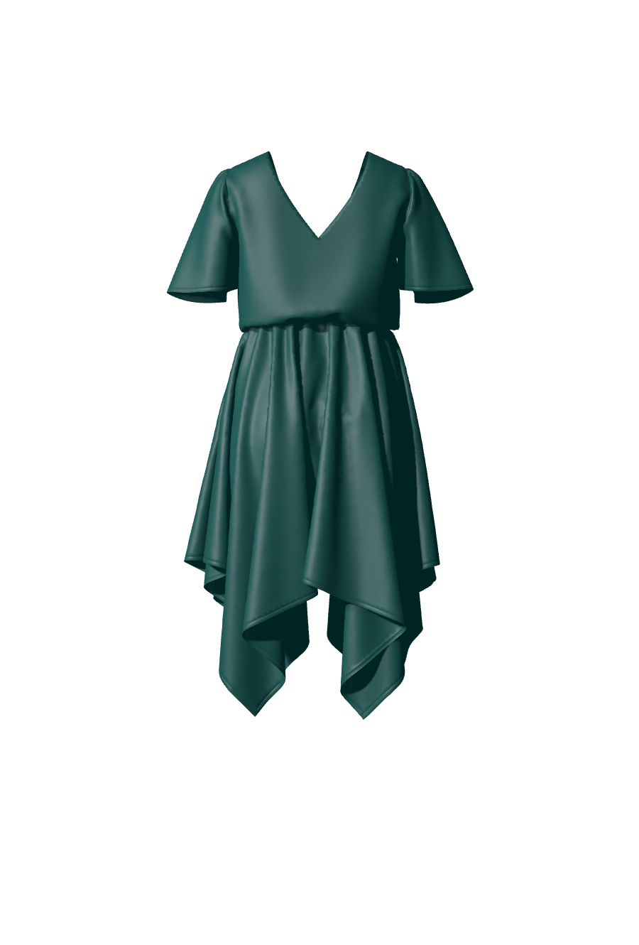 Robe courte de soirée ou invitée mariage, avec des manches courtes et un bas asymétrique, conçue en satin vert