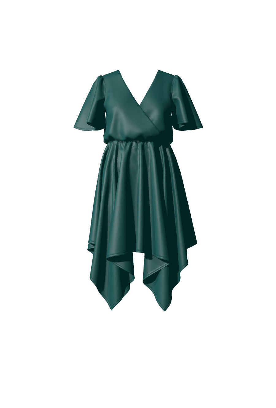 Robe asymétrique courte verte conçue en satin avec des manches courtes