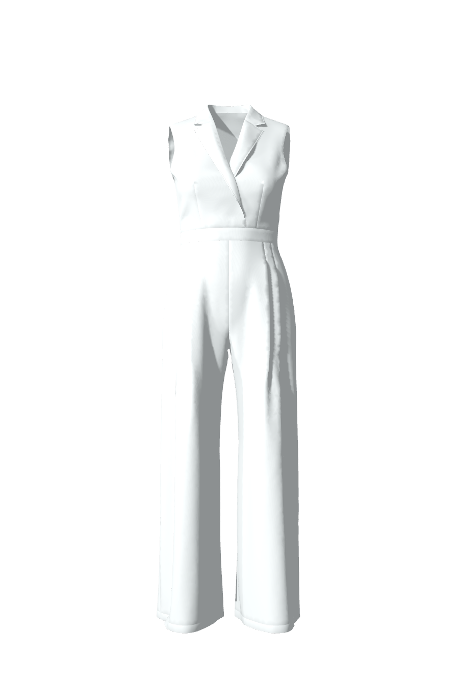 Élégante combinaison longue sans manches pour femme avec col tailleur, conçue en satin blanc soyeux, un choix idéal pour une tenue de cérémonies, mariage ou soirée