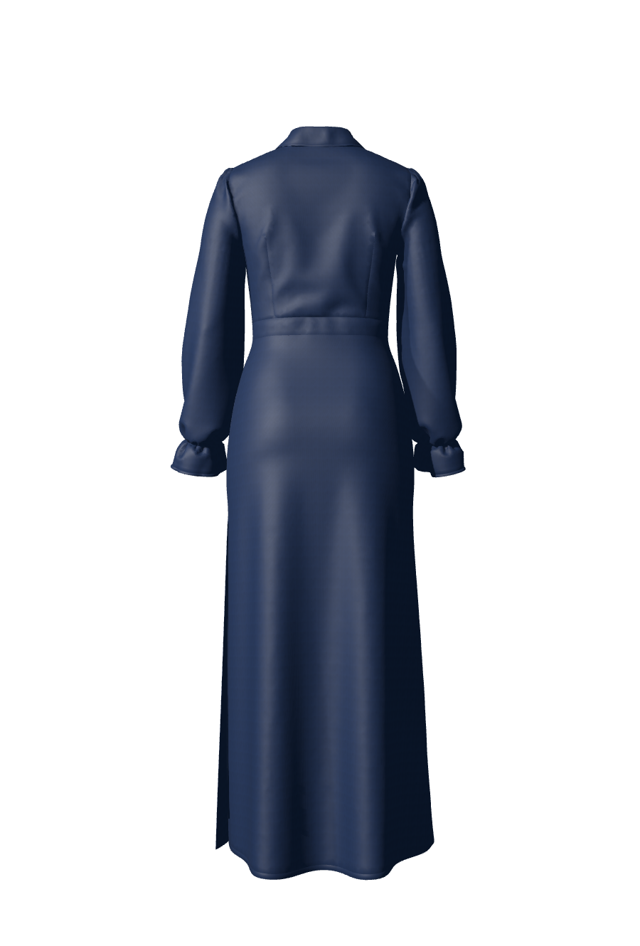 Robe de soirée, de gala ou d'invitée mariage en satin bleu nuit avec des manches longues