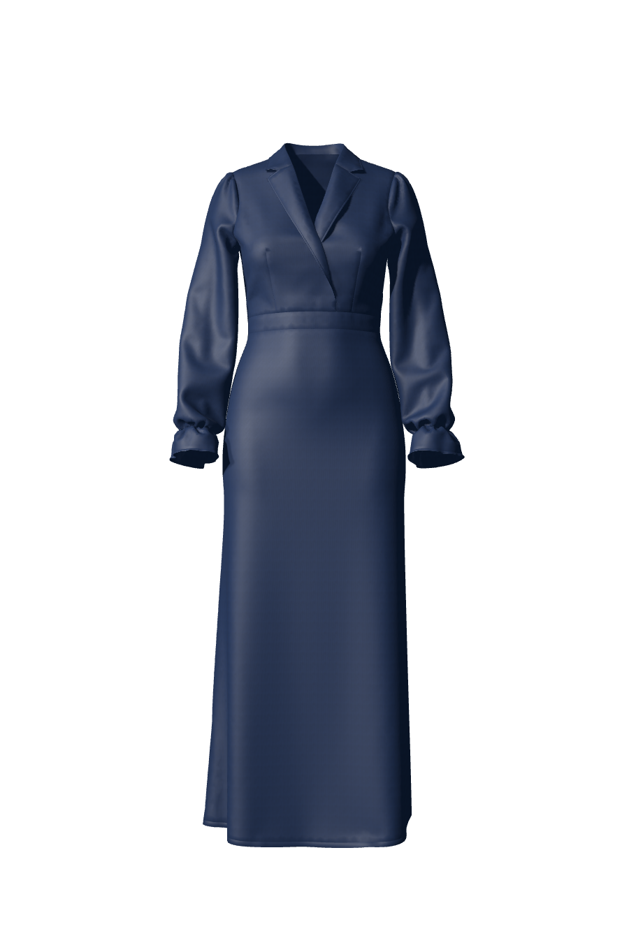 Robe bleu nuit conçue sur-mesure en satin avec des manches longues et un col tailleur, une tenue idéale qui s'adapte à toutes les morphologies