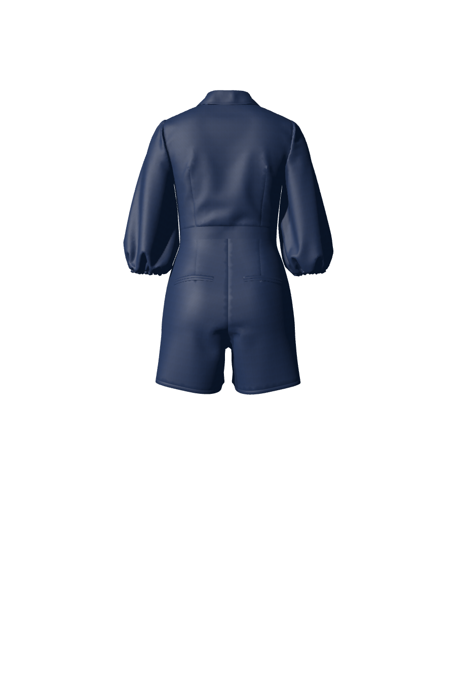 Élégant combishort intemporel en satin bleu nuit avec des manches mi-longues et un col tailleur