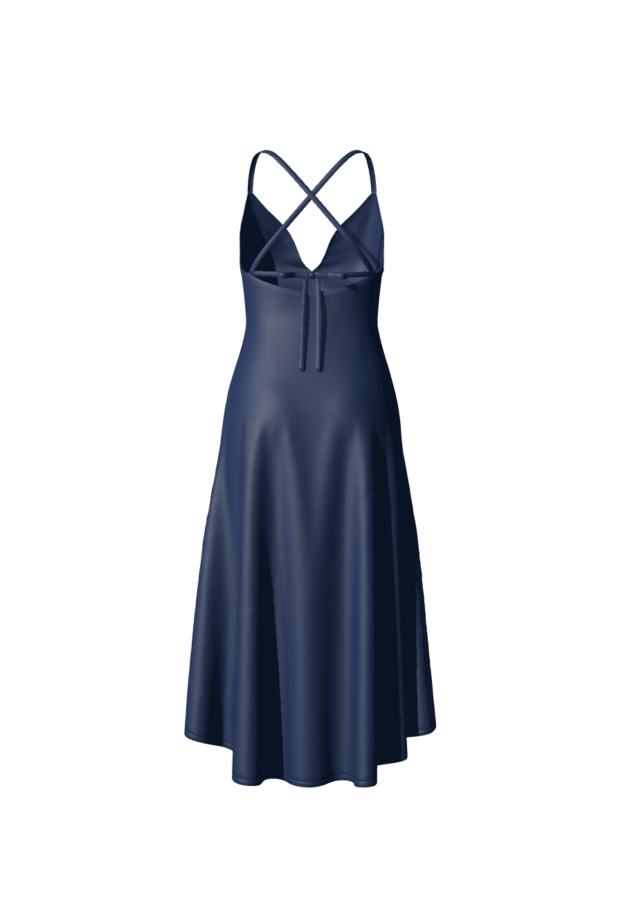 Robe longue en satin bleu nuit avec bas asymétrique et bretelles fines de la collection Tina