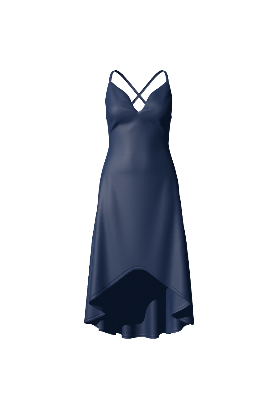 Élégante robe de soirée, demoiselle d'honneur ou invitée mariage longue et fluide en satin bleu nuit avec des bretelles fines réglables et un décolleté plongeant, collection de vêtements sur-mesure Tina