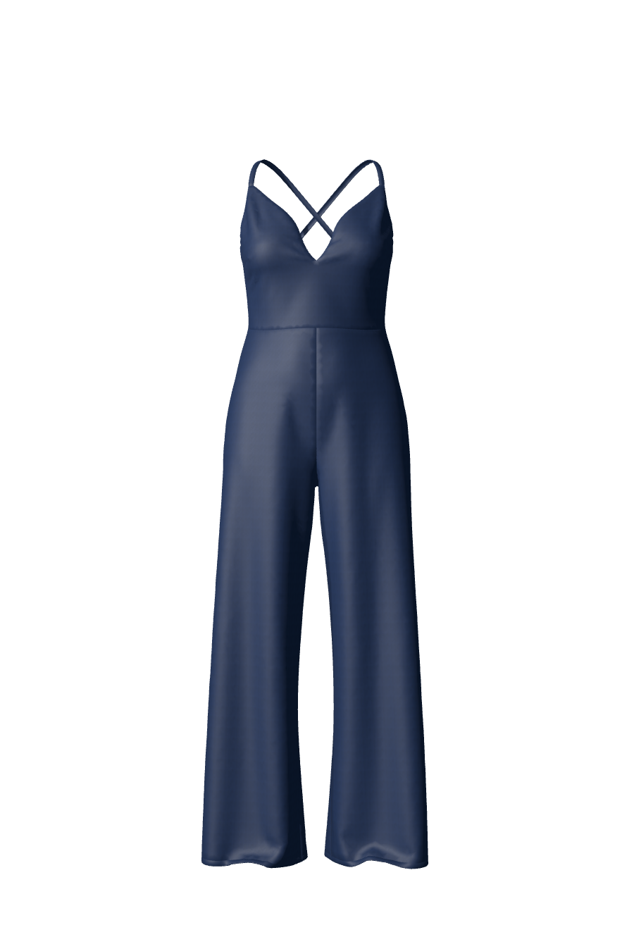 Élégante combinaison de soirée ou demoiselle d'honneur longue avec pantalon ample et bretelles fines réglables dans le dos, en satin bleu nuit, de la collection Tina