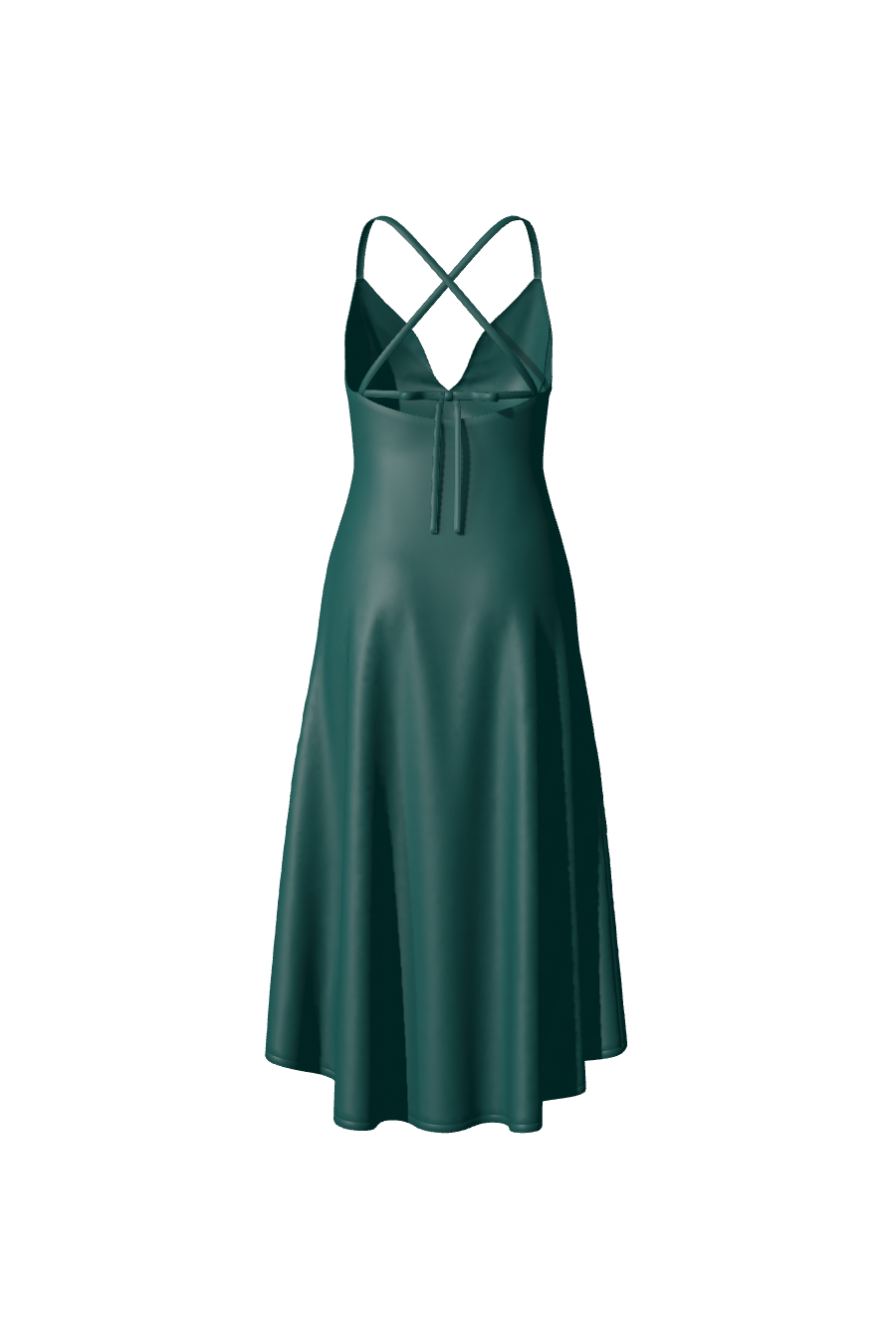 Robe longue avec bas asymétrique en satin vert, bretelles fines réglables dans le dos, collection Tina