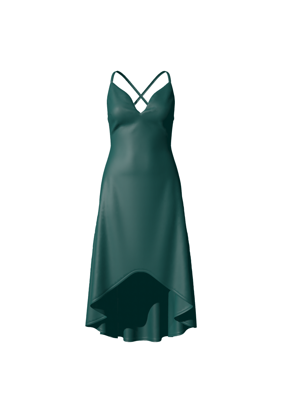Robe demoiselle d'honneur, gala ou soirée sur-mesure en satin vert avec des bretelles fines réglables et décolleté plongeant de la collection de robes sur-mesure Tina